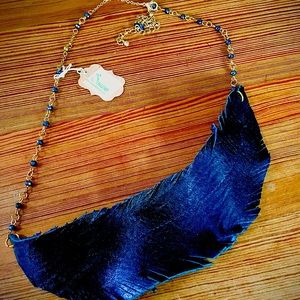 Leather feather statement bib necklace